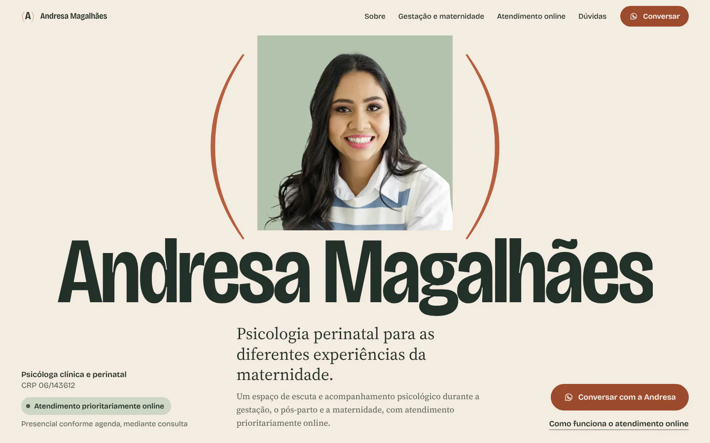Primeira dobra real do site de Andresa Magalhães, psicóloga perinatal