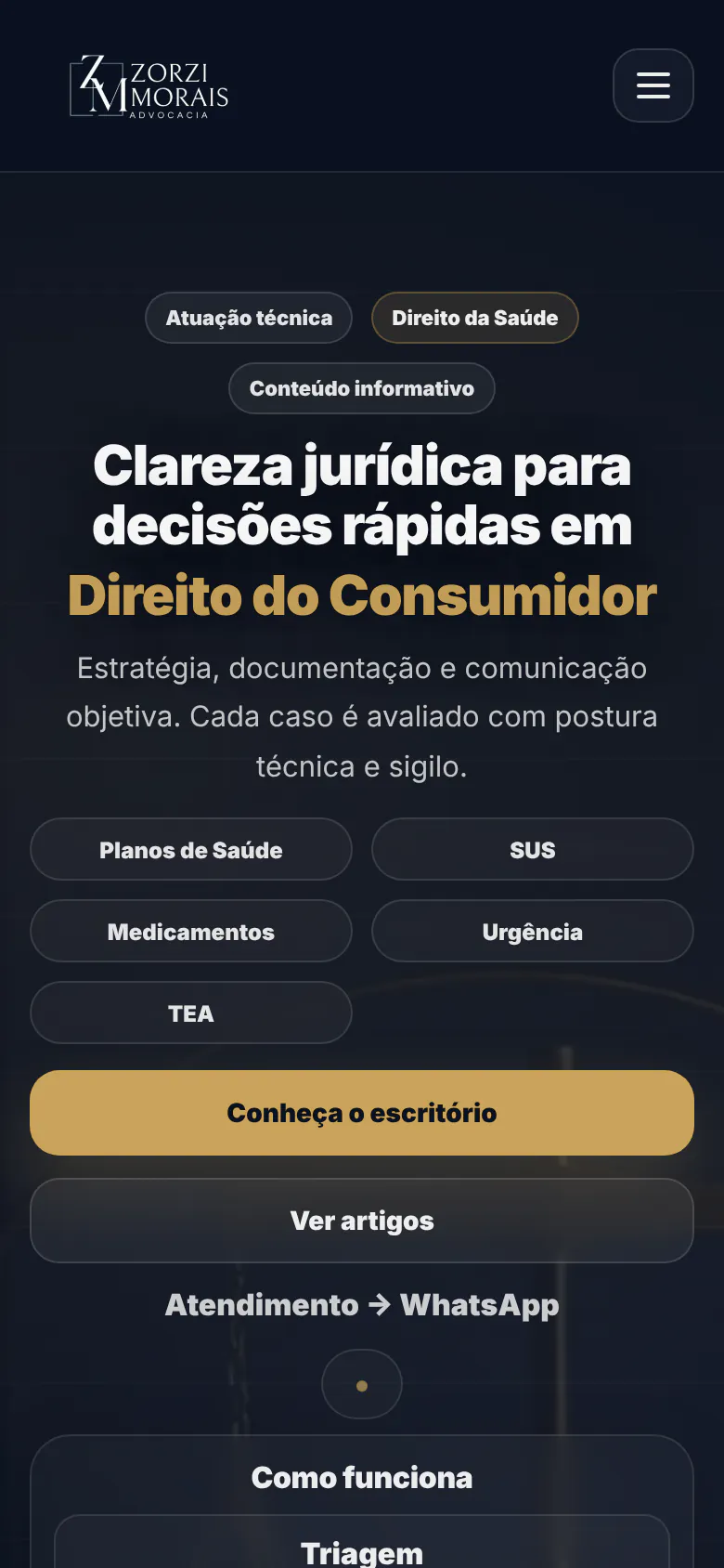 Captura real da página inicial da Zorzi Morais Advocacia no celular